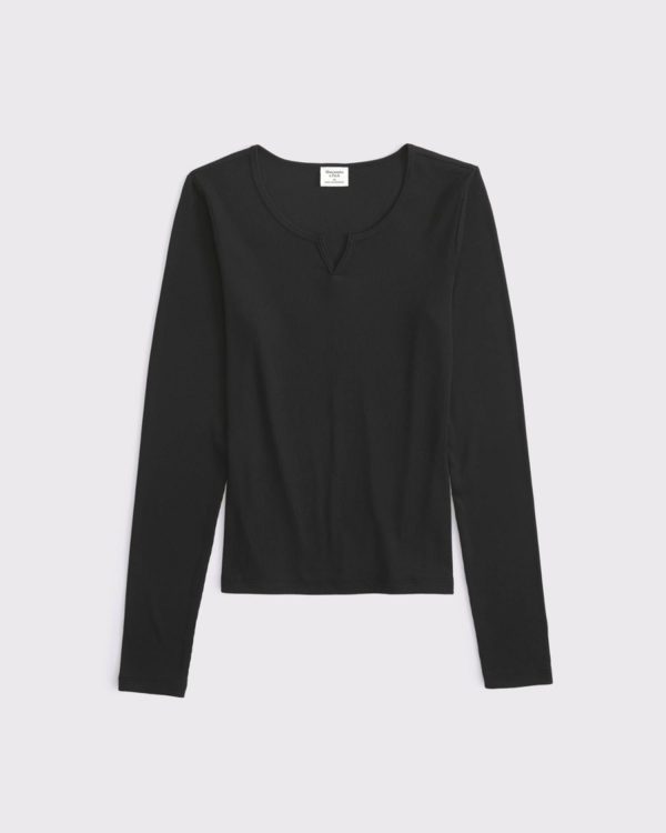 Long-Sleeve Rib Notch-Neck Top
