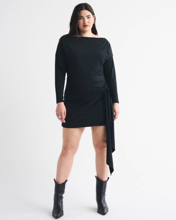 Long-Sleeve Draped Knit Mini Dress