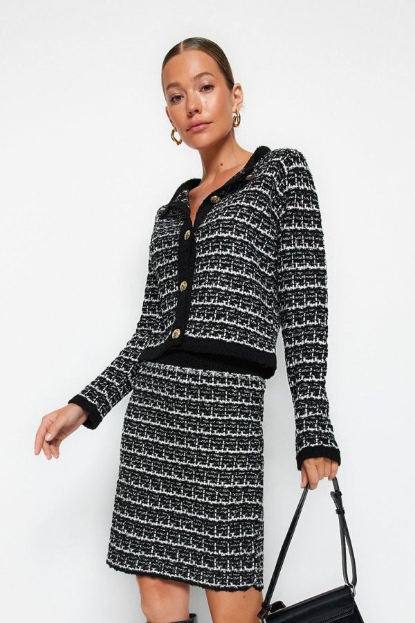 Soft Textured Black Knitwear Cardigan and Skirt Set - Knitted Detail