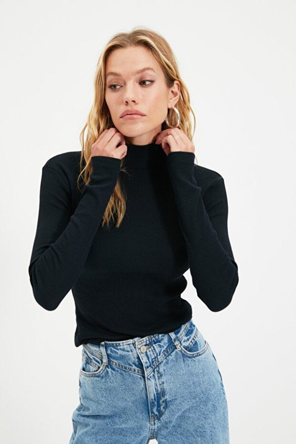 Black Fitted High Collar Long Sleeve Ribbed Stretchy Knitted Blouse