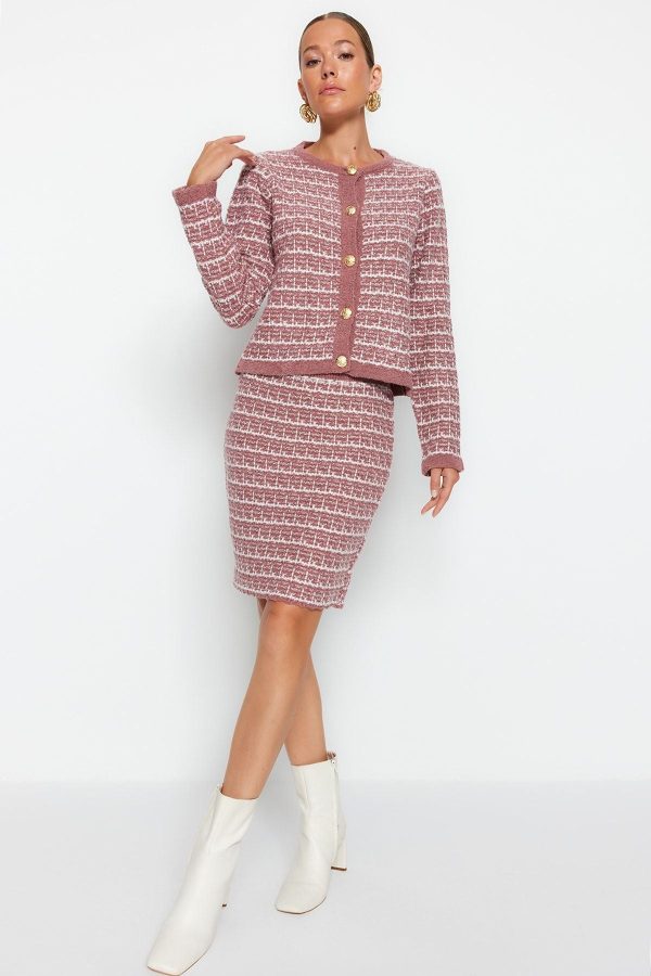 Soft Textured Dried Rose Knitwear Cardigan and Skirt Set - Knitted Detail