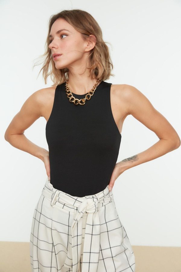 Black Halter Neck Body-Fitting Stretch Snap Knitted Body