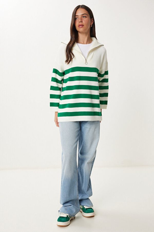 Women's Oversized Striped Knit Sweater in Green and White with Zipper and Stand Collar